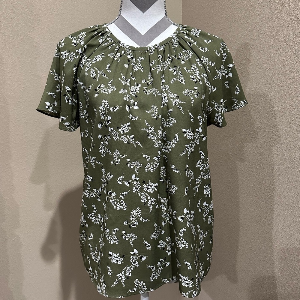 ANN TAYLOR Army Green Floral Blouse, EUC!